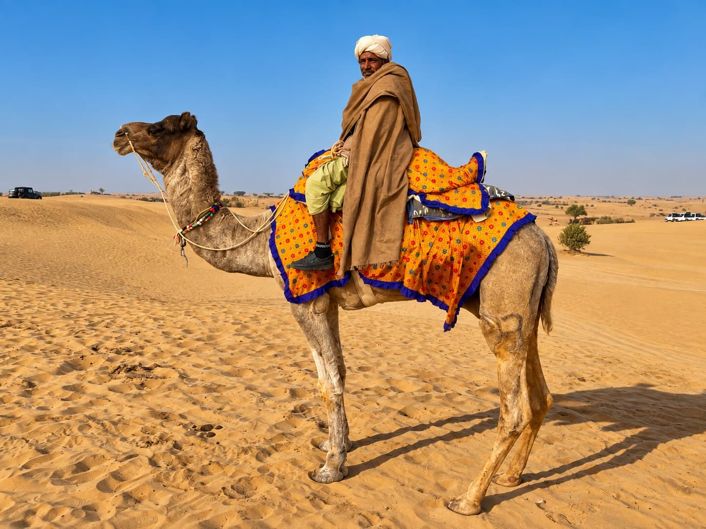 A camel driver in a white turban and brown shawl seated on a camel with a bright orange saddle cloth, on the Thar Desert dunes under a blue sky