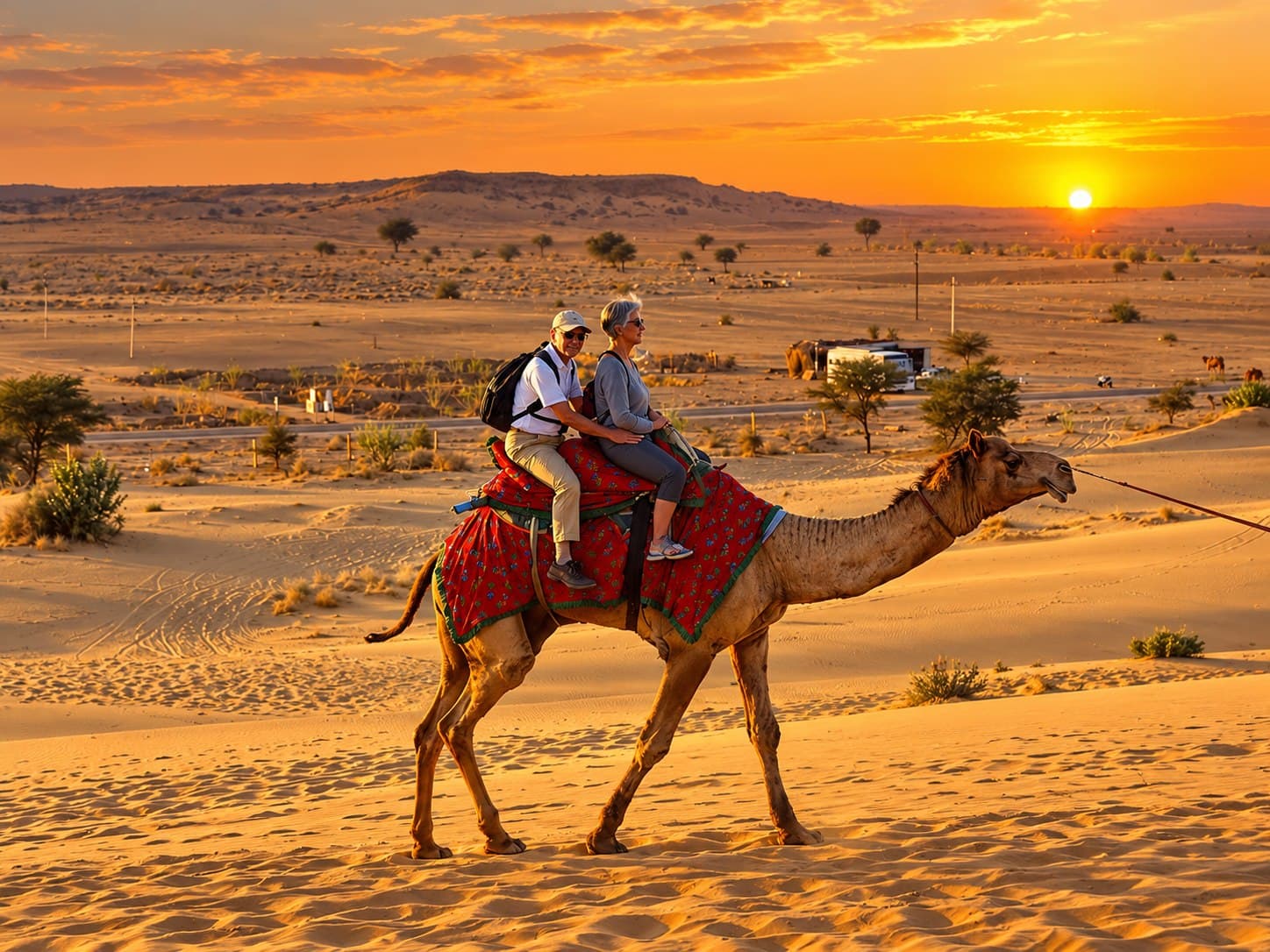 Two travellers riding a camel with a red saddle cloth across the dunes at sunset