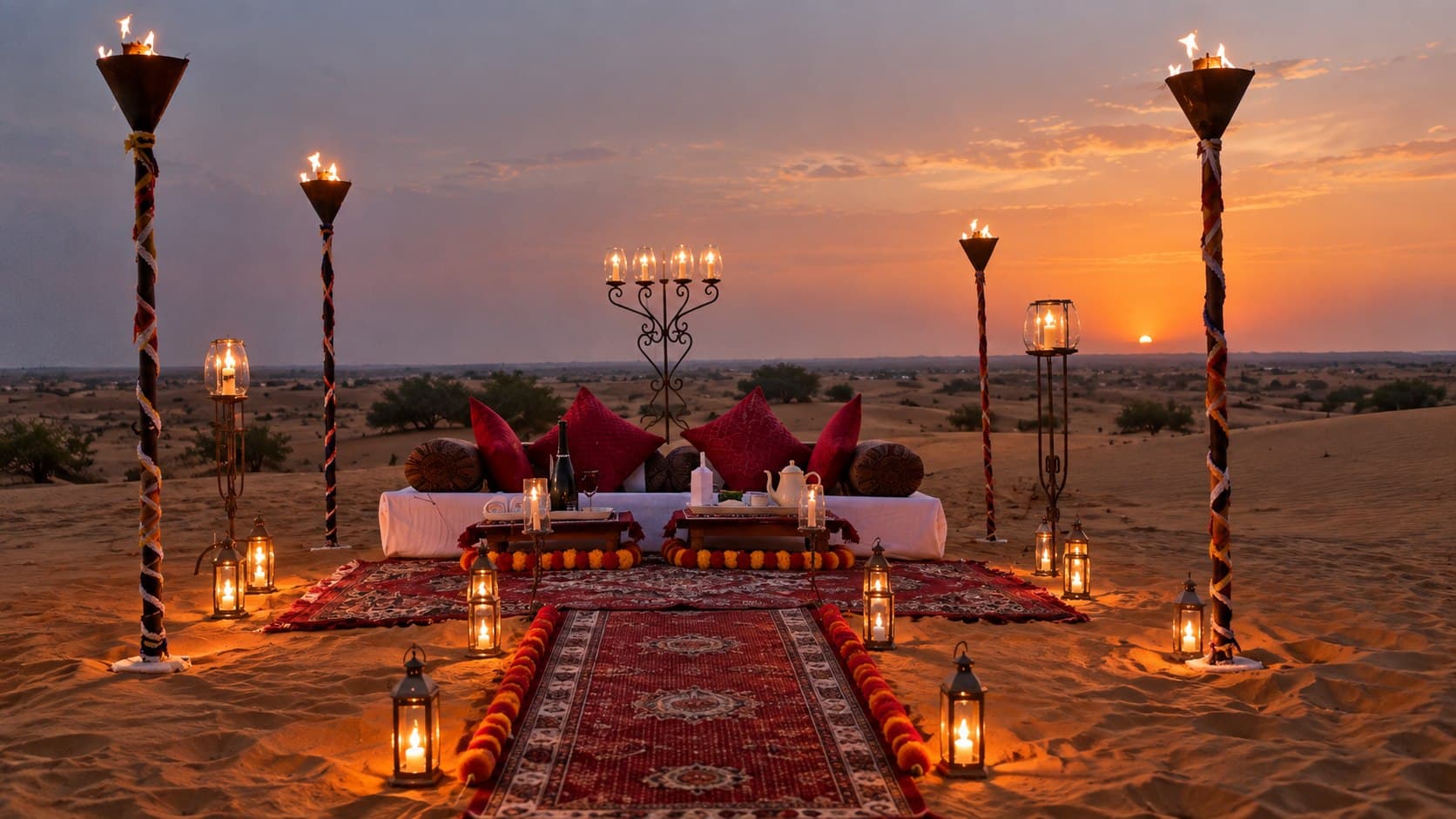 A candle-lit seating area on the dunes at dusk: cushions and low tables on red rugs, ringed by lanterns and flaming torches