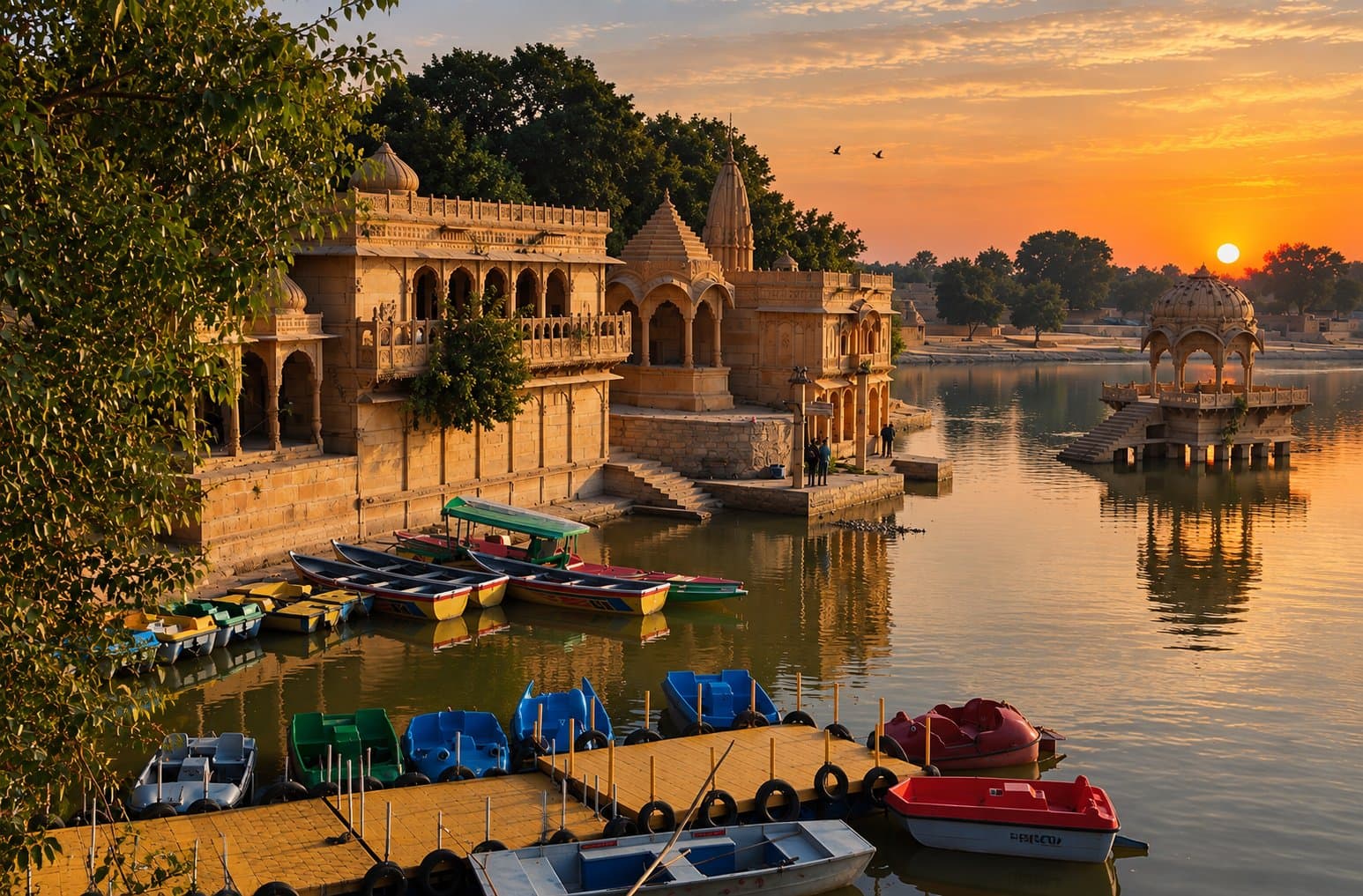 Carved sandstone temples and ghats on Gadisar Lake at sunset, with rowing and pedal boats moored at a jetty and a chhatri standing in the water
