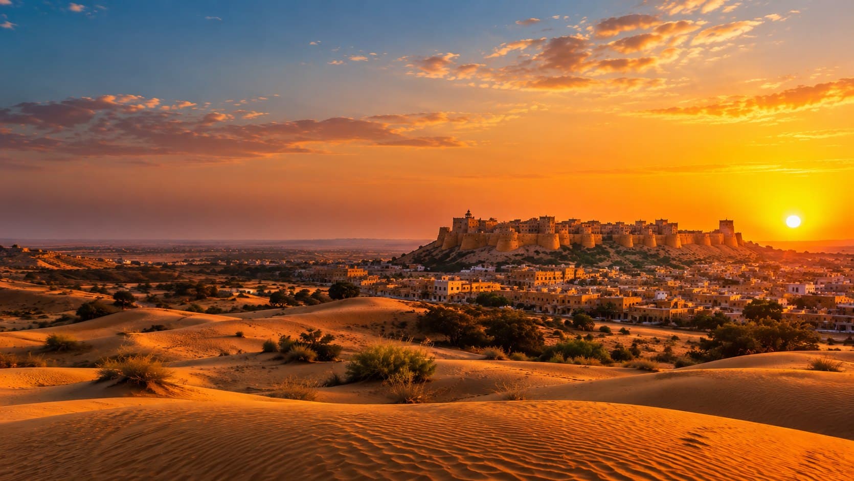 Jaisalmer Fort on its hill above the golden town, with sand dunes in the foreground, at sunset