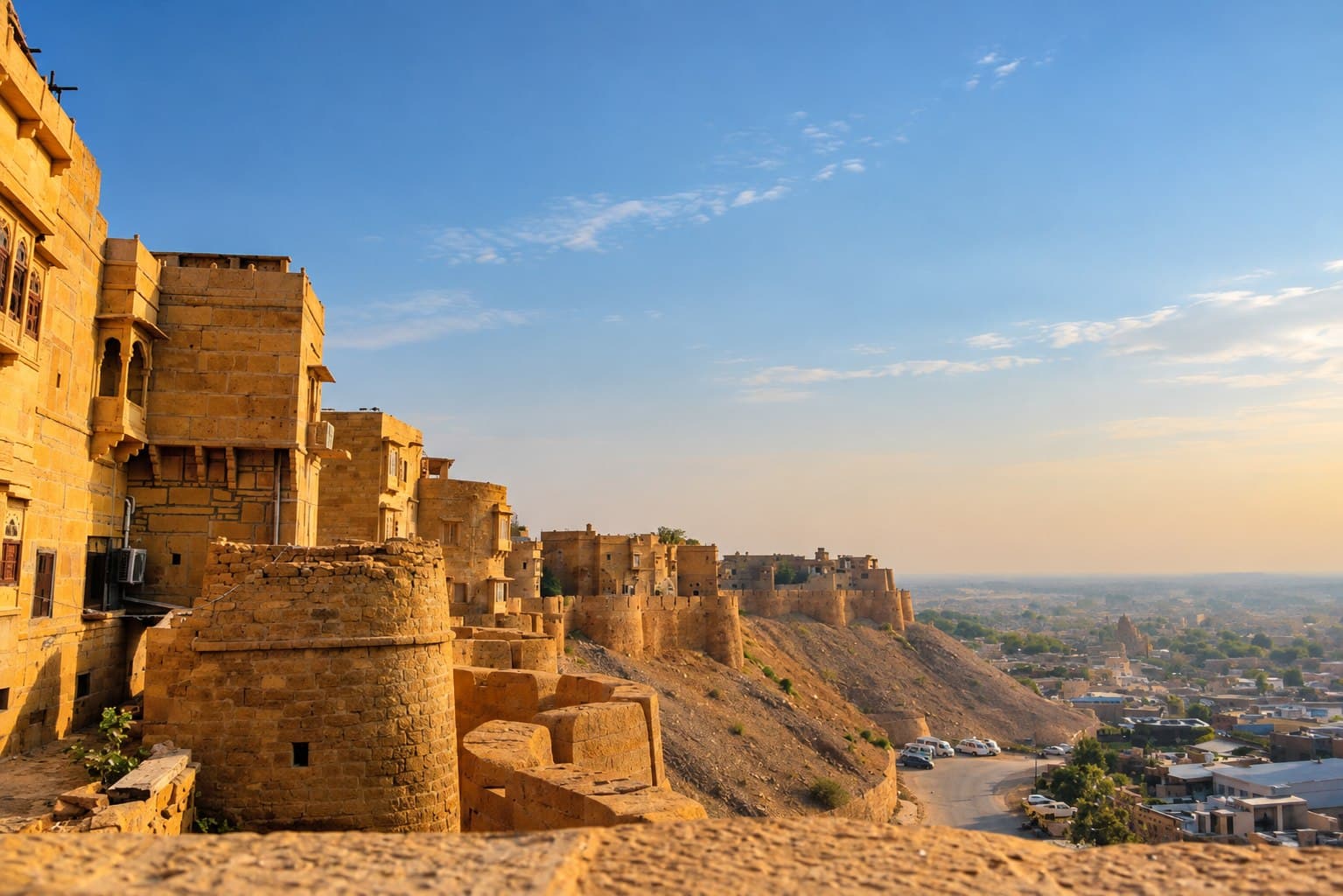 The golden sandstone walls and round bastions of Jaisalmer Fort, looking along the ramparts to the town below