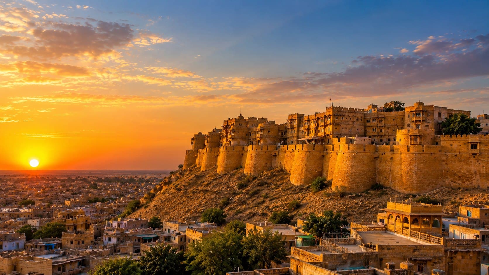 The golden sandstone walls and bastions of Jaisalmer Fort on its hill above the old town, with the sun low on the horizon