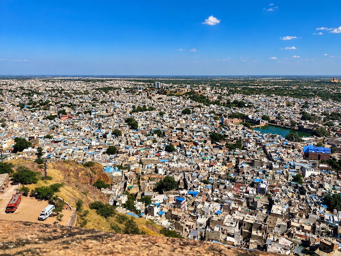 Jodhpur's old city seen from the hill: a sea of houses, many painted blue, stretching to the horizon