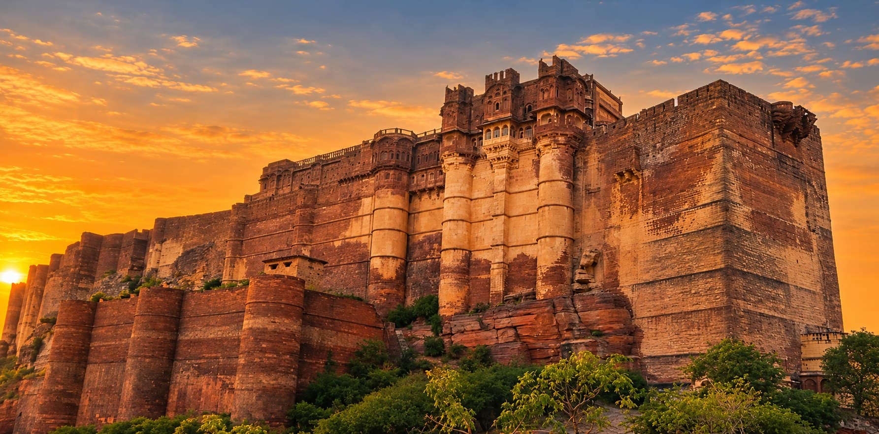 The towering sandstone walls and bastions of Mehrangarh Fort on its rocky ridge in Jodhpur, at sunset