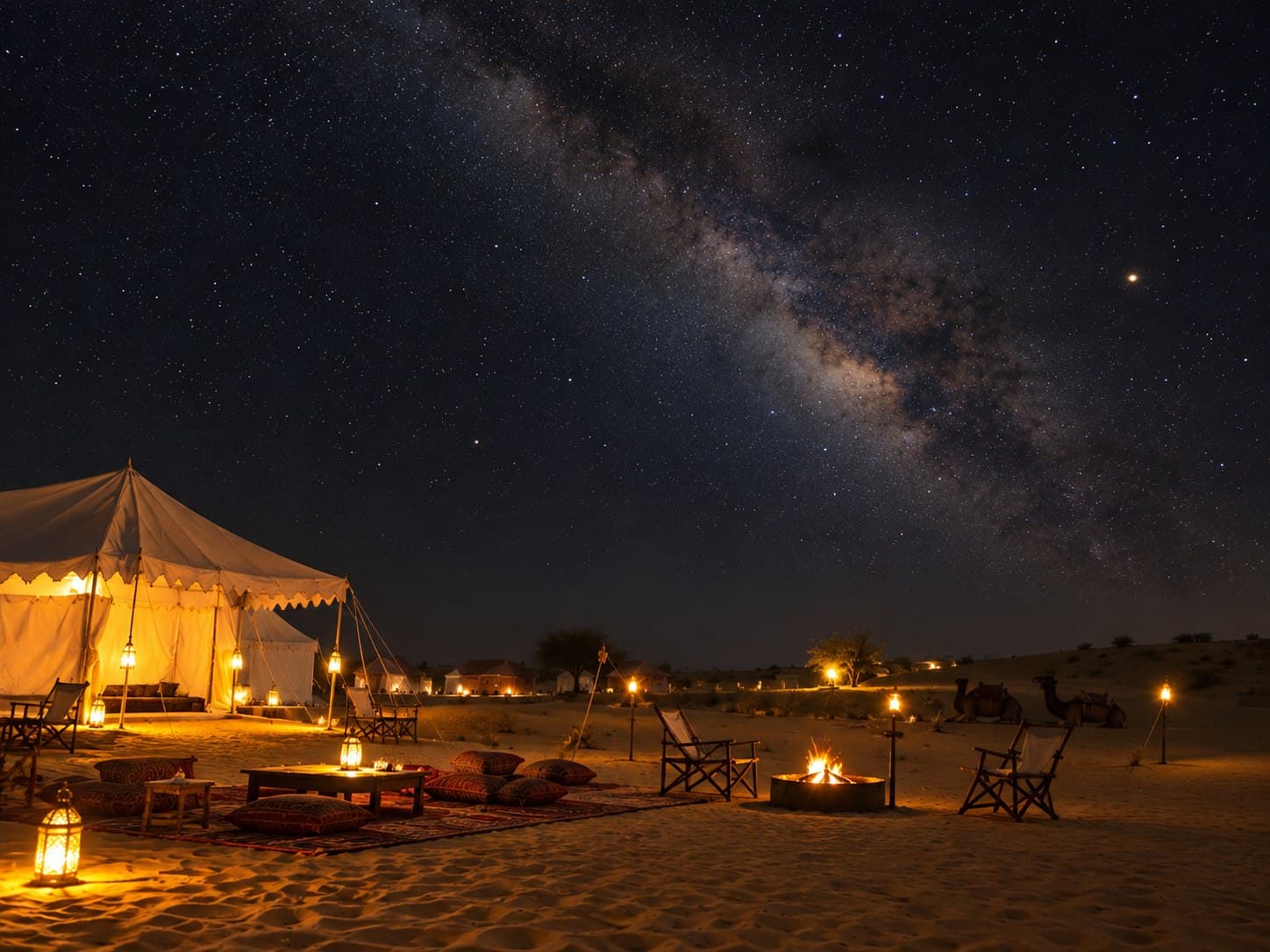 The Milky Way over the Thar Desert at night, above a lantern-lit tent, floor cushions on rugs, a campfire and resting camels