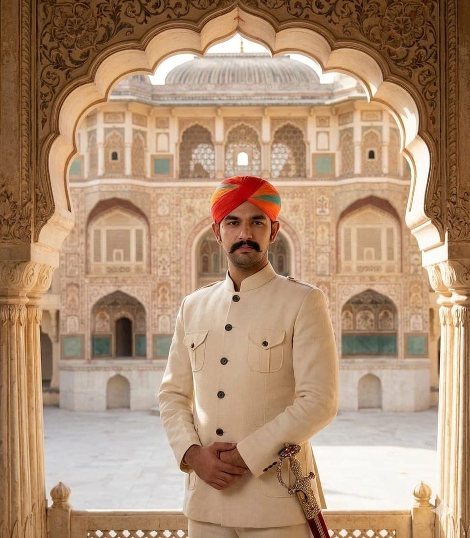 A member of the Jaisalmer Tour Packages team in a cream bandhgala and an orange Rajasthani safa, standing beneath a carved palace arch
