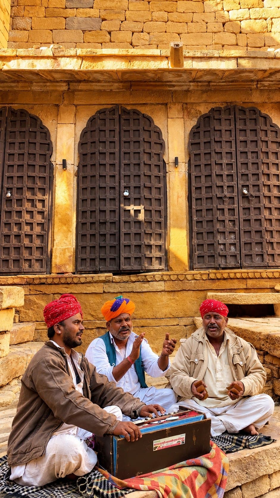 Three Rajasthani folk musicians in bright turbans singing and playing a harmonium and khartal, seated in front of carved wooden doors in a golden sandstone wall