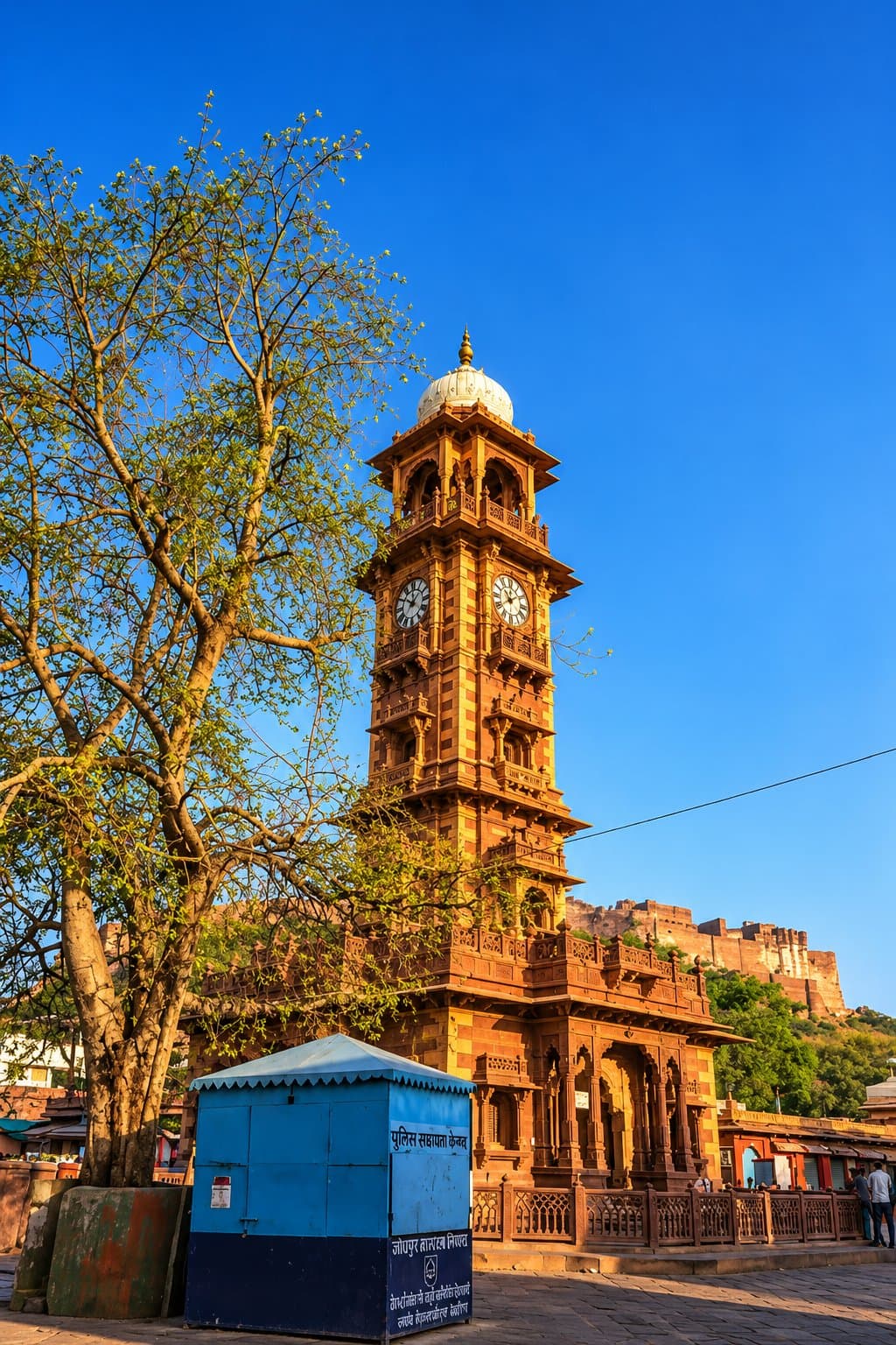 The red sandstone clock tower at Sardar Market in Jodhpur, with Mehrangarh Fort on the hill behind it