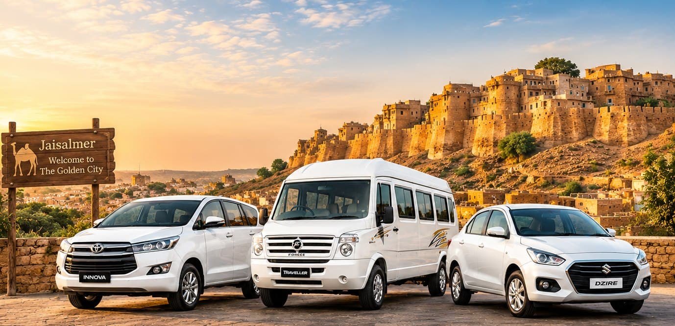 A white Toyota Innova, Force Traveller van and Suzuki Dzire parked below Jaisalmer Fort at sunset, beside a sign reading “Jaisalmer, Welcome to The Golden City”