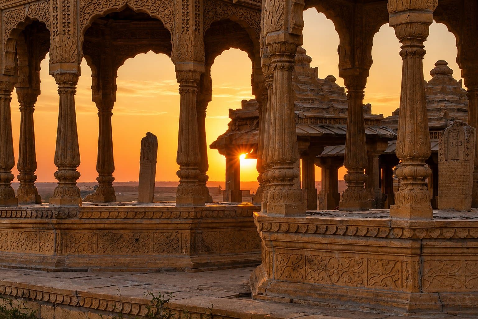 The sun setting through the carved sandstone arches and pillars of the cenotaphs at Vyas Chhatri, Jaisalmer